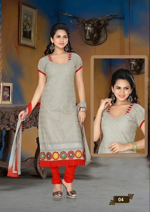 Designer Anarkali Salwar Kameez - Cotton Jaccard Top & Pure Shantoon Bottom, Grey Embroidered Fancy Dress Material With Chiffon Duppatta, Short Sleeves, Washable for All Seasons