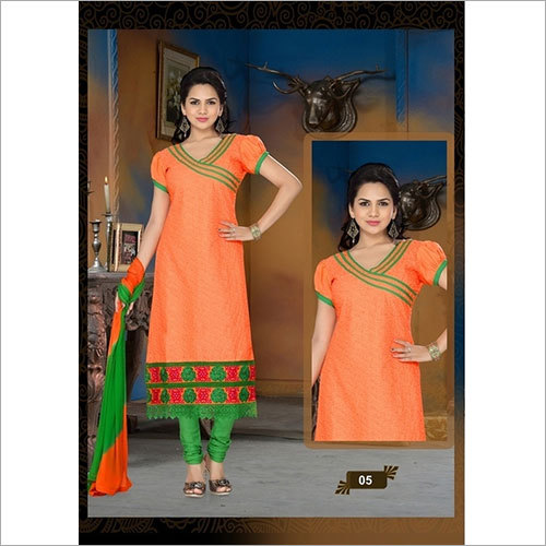Orange Color Suit - Cotton Jaccard Top + Pure Shantoon Bottom + Chiffon Duppatta, Semi-Stitch Anarkali with Embroidery and Short Sleeves