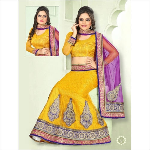 Indian Lehenga Yellow Color Embroidery Stone And Patch Border Work 7019-B