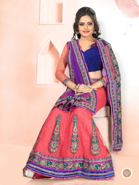 Red With Blue Color Lehenga 7023-B - Semi-Stitch Georgette Fabric, Embroidered with Stone & Patch Border Work, Full Sleeves | Blue and Peach, Party Wear, Washable, 900gms