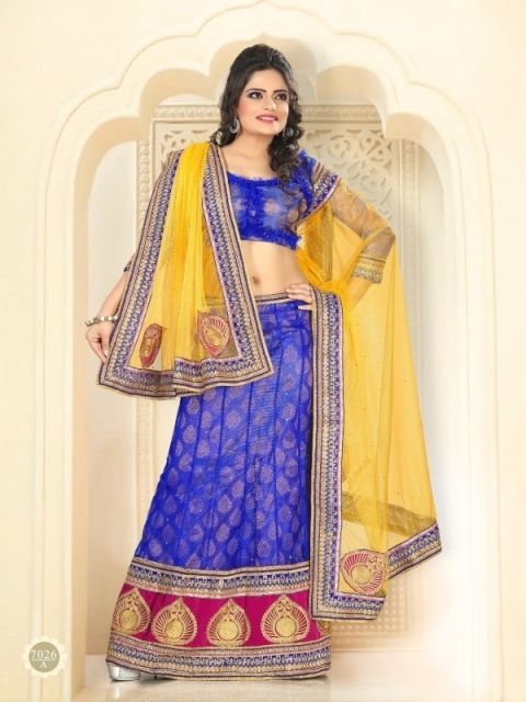 Blue With Yellow Color Lehnga Decoration Material: Stones