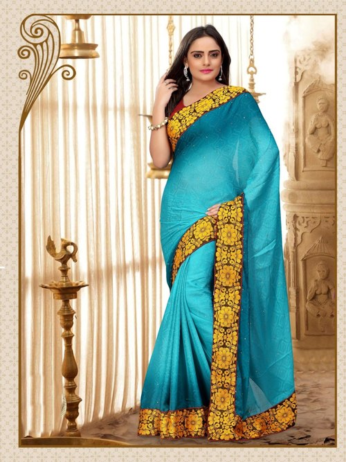 8001-A - SARTIN Chiffon Jacquard, 900g Designer Stylish Saree in Sky Blue, Laces Closure | Perfect for Rainy, Spring, Summer, Winter Seasons