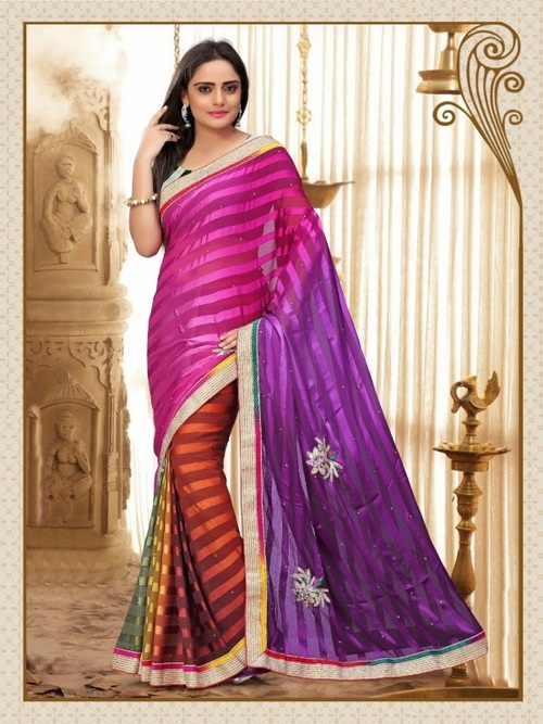 8002-B - SARTIN CHIFFON JACQUARD Designer Saree, 900gms Weight, Multi-Color, Printed Pattern, Georgette Material, Thread Jaal & Patch Work