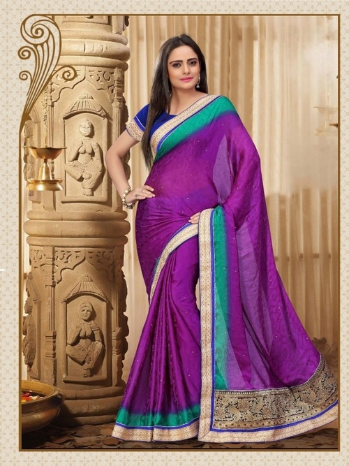 8003-A - SARTIN CHIFFON JACQUARD Designer Saree, Thread Jaal Work, 900gms Weight, Purple Color, Lace Closure, Ideal for All Seasons