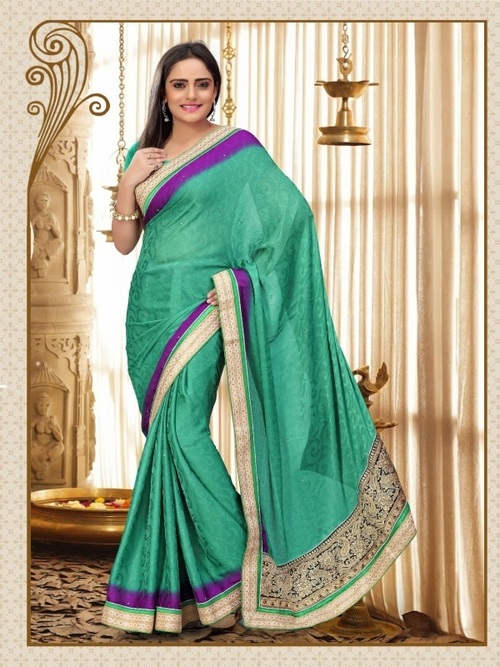 8003-B - Sartin Chiffon Jacquard Designer Saree with Thread Jaal Work, Green Color, 900gms Weight, All-Season Versatile Style