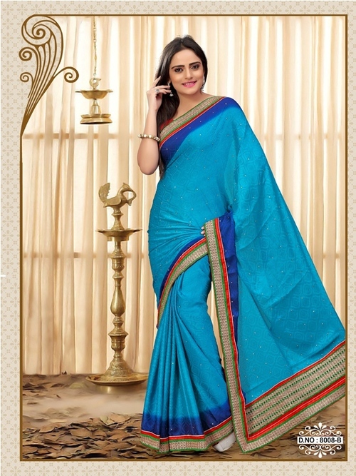 8008-B - SARTIN CHIFFON JACQUARD Designer Saree | Blue Color, Thread Jaal Work, 900g Weight, Laces Closure, Suitable for All Seasons