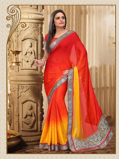 8009-A - Sartin Chiffon Jacquard Designer Saree with Thread Jaal Work, Red and Yellow Color, Suitable for Rainy, Spring, Summer, and Winter Seasons