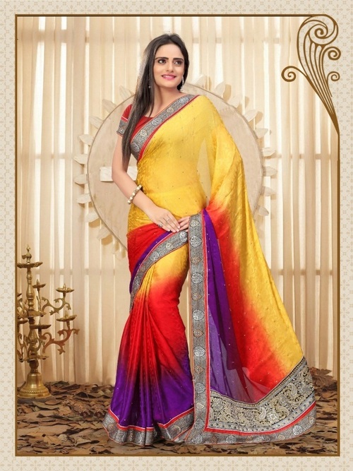 Designer Saree - Sartan Chiffon Jacquard, Thread Jaal Work, Yellow Red Purple Print | Lightweight 900gms, Ideal for All Seasons
