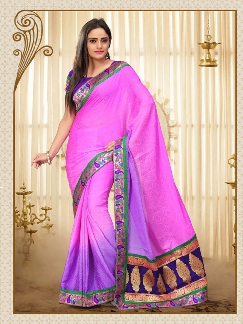 Designer Saree - SARTIN Strip Faux Georgette, Thread Jaal Work, Pink Color, Laces Closure, 900gms Weight, Fancy Stylish for All Seasons