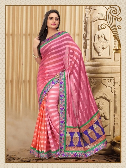8010-B - SARTIN STRIP Faux Georgette, Pink Color, 900gms Designer Fancy Stylish Saree with Thread Jaal Work, Suitable for All Seasons