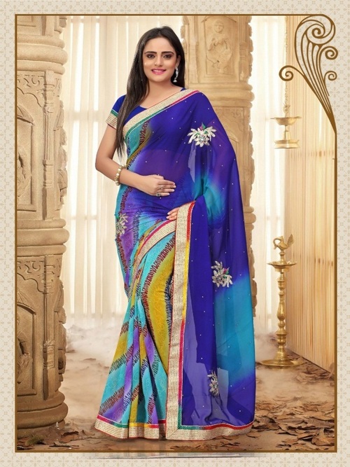 8012 - Faux Georgette Designer Saree, Embroidered Thread Jaal Work, Blue Color, Seasonal for Rainy, Spring, Summer - Laces Closure, 900gms Weight
