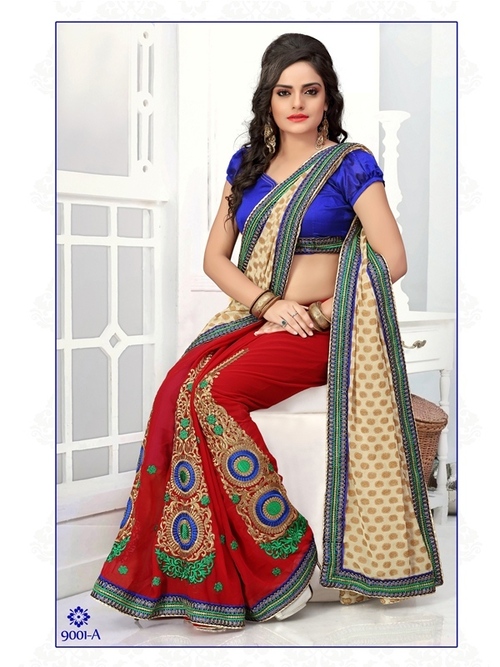 Designer Saree - Georgatte Jacquard, Maroon and Brown Color | Resam Embroidery Work, Tear Resistant, Skin Friendly, Bollywood Style