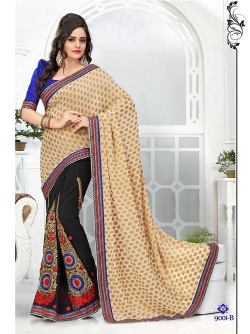 Beige And Black Designer Embroidered Saree