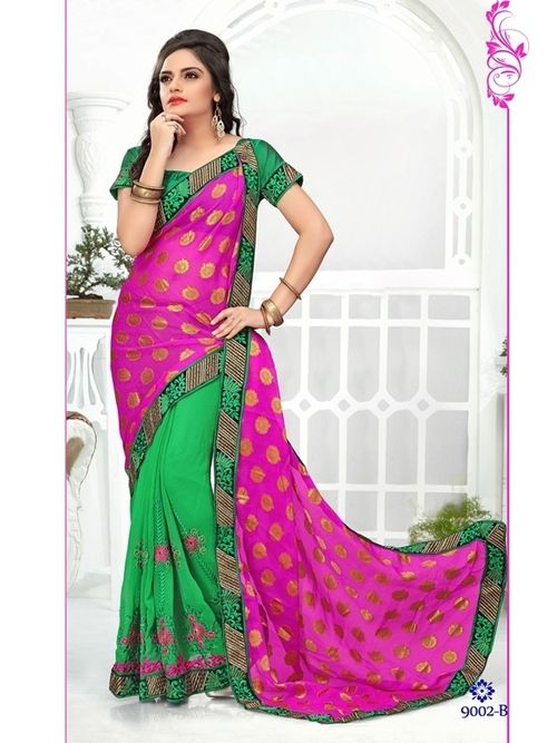 Embroidered Pink With Green Color Saree 9002-b