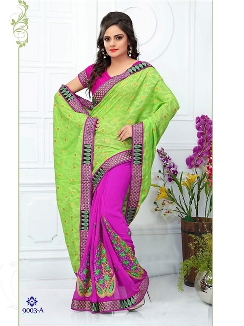 9003-A - Georgatte Jacquard & Faux Georgatte, Green and Pink Embroidered Designer Saree | Bollywood Style, Perfect for All Seasons