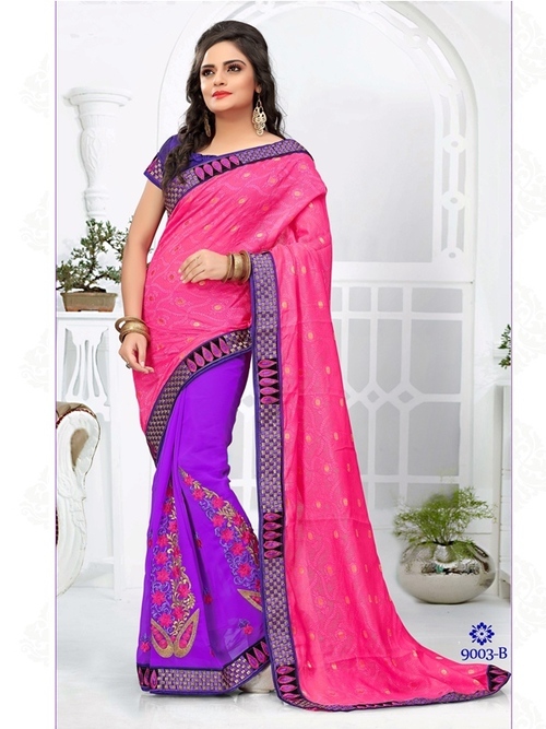 9003-B - Silk & Georgette Designer Saree | Embroidered Pattern in Pink & Purple for All Seasons, Bollywood Style Elegance