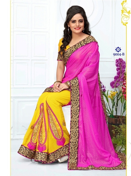 9004-B - Georgatte Jacquard & Faux Georgatte Designer Saree, Embroidery Work, Pink and Yellow, 900gms, Suitable for All Seasons