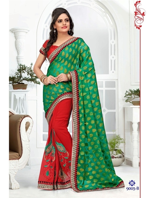 9005-B - Georgette Jacquard & Faux Georgette, Green and Red Embroidered Designer Saree | Bollywood Style for All Seasons, Weight: 900gms