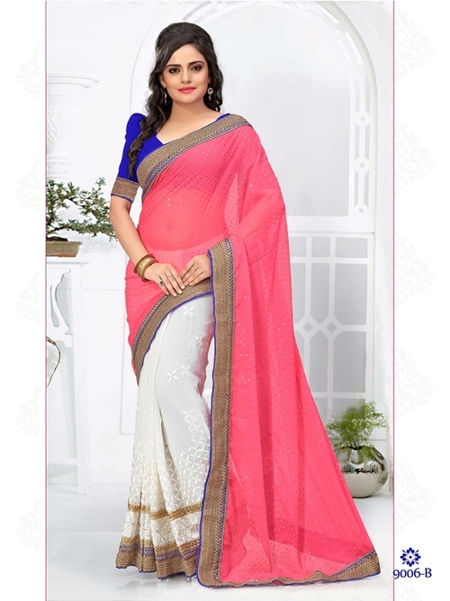 White With Red Color Saree 9006-B - Faux Chiffon Material, 900g Weight | Peach and White Color, Embroidered Pattern, Bollywood Style for All Seasons