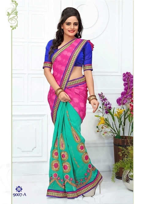 9007-A - Georgette Jacquard Designer Saree, Yellow and Green Embroidery, Ideal for All Seasons | Bollywood Style, 900g Fancy Elegant Wear