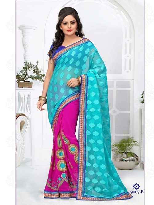 9007-B - Embroidered Georgatte Jacquard Faux Georgatte Designer Saree, Green and Pink, Bollywood Style for All Seasons