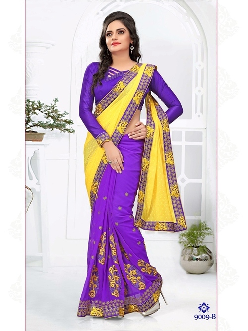 9009-B - Faux Chiffon & Faux Georgette Designer Saree | Yellow & Purple Embroidered Pattern, Bollywood Style, All Seasons