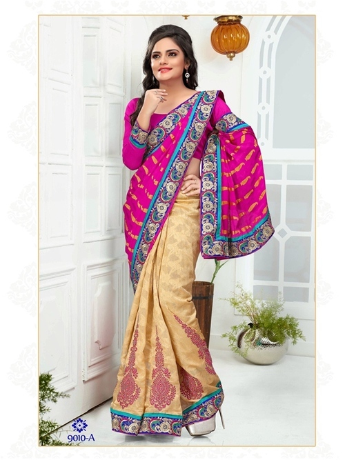 9010-A - Embroidered Silk Designer Saree | Pink and Golden, Georgatte Jecquard and Bhagalpuri Jecquard, 900gms, Suitable for All Seasons