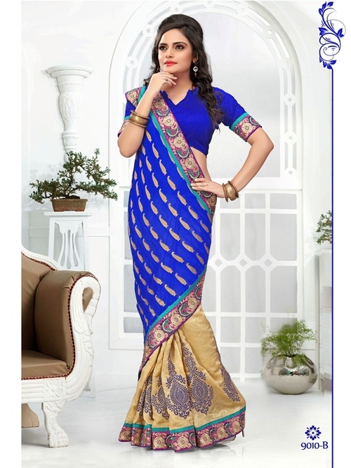 9010-B - Georgatte and Bhagalpuri Jacquard, Blue and Beige Designer Saree | Embroidery Work, 900gms Weight, Suitable for All Seasons
