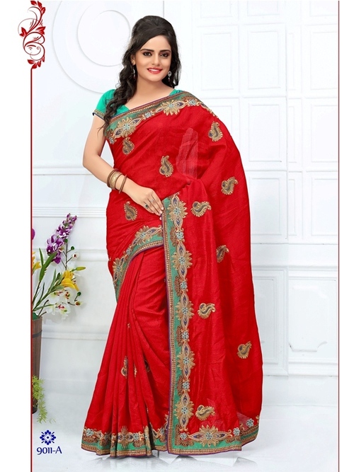 9011-A - Bhagalpuri Silk, 900gms, Red Color | Embroidered Pattern, Bollywood Style, Suitable for Rainy, Spring, Summer, and Winter Seasons