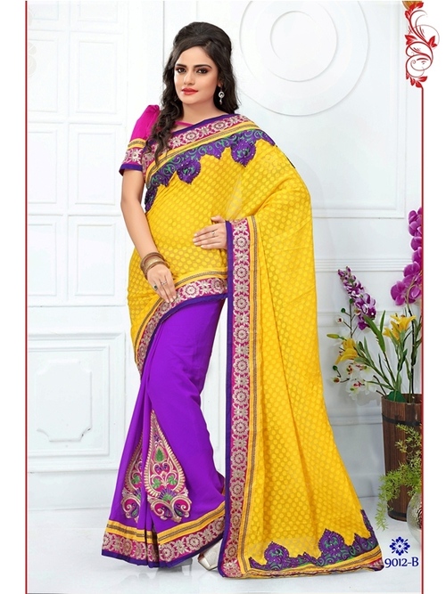 Designer Saree - Georgatte Jacquard + Faux Georgatte, Yellow with Printed Pattern, Embroidered Work, Bollywood Style, 900gms Weight