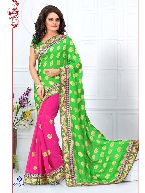 9013-A - Silk Georgatte Jacquard Designer Saree, Green and Pink with Embroidery Work | Fancy Bollywood Style for All Seasons