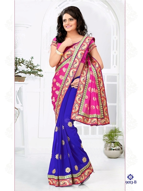 9013-B - Georgette & Faux Georgette Designer Saree, Embroidered Patterns in Elegant Blue and Pink | Suitable for Rainy, Spring, Summer, and Winter Seasons, Bollywood Style