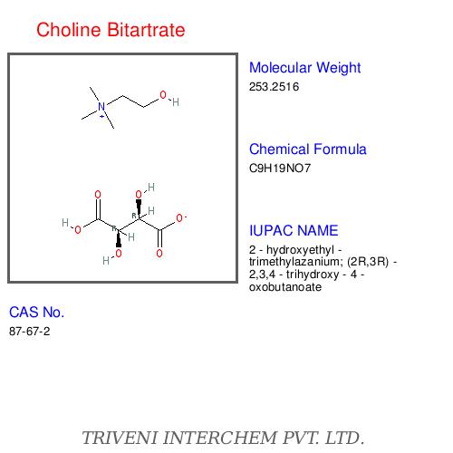 Choline Bitartrate - White Crystalline Powder, CAS 67-48-1, 99% Purity | Bioavailable Choline Source, Water Soluble, Molecular Weight 215.21