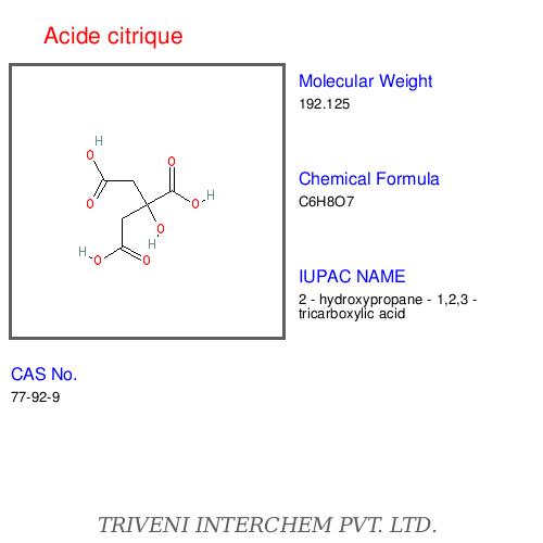 Acide Citrique - Crystalline Powder, C6H8O7, CAS 77-92-9 | Food Additive, Preservative, Cleaning Agent, Biochemistry Use