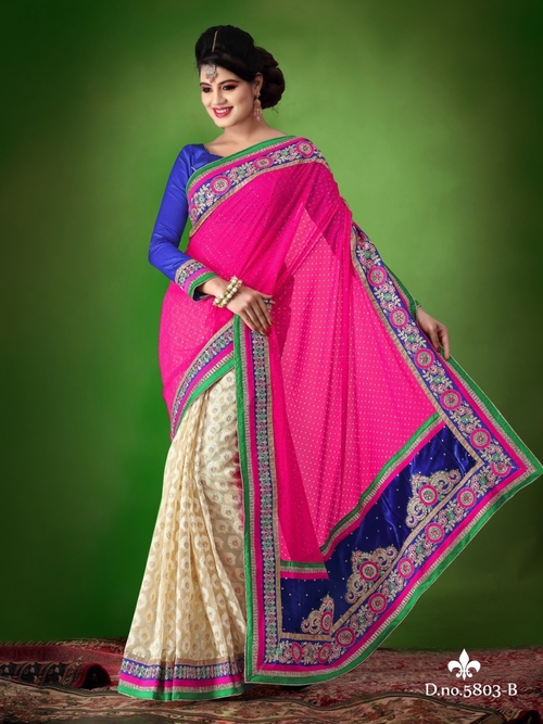 5803-B - Silk Designer Saree with Thread Jaal Work, Pink and Cream Embroidered Pattern | Bollywood Style for All Seasons