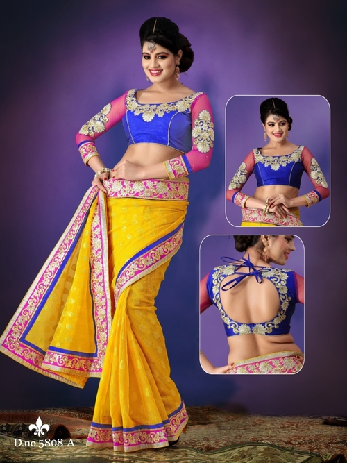 Designer Silk Saree - Thread Jaal Work, Yellow, Pink and Blue Embroidery | Fancy Stylish Fabric for All Seasons