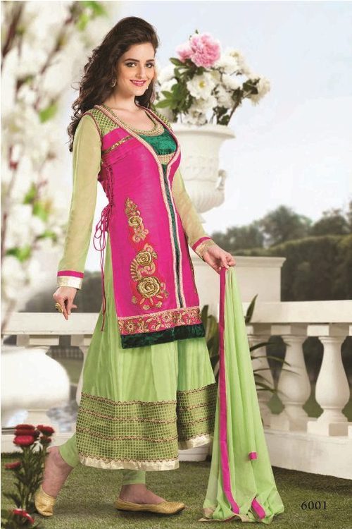 Pink And Green Desinger Fancy Drees Matrial