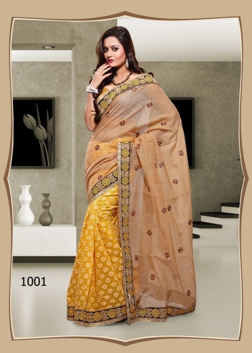 1001 - Cotton Dhupian Designer Saree, Yellow Color, 900gms Weight, Thread Jaal Work | Suitable for Rainy, Spring, Summer, Winter Seasons