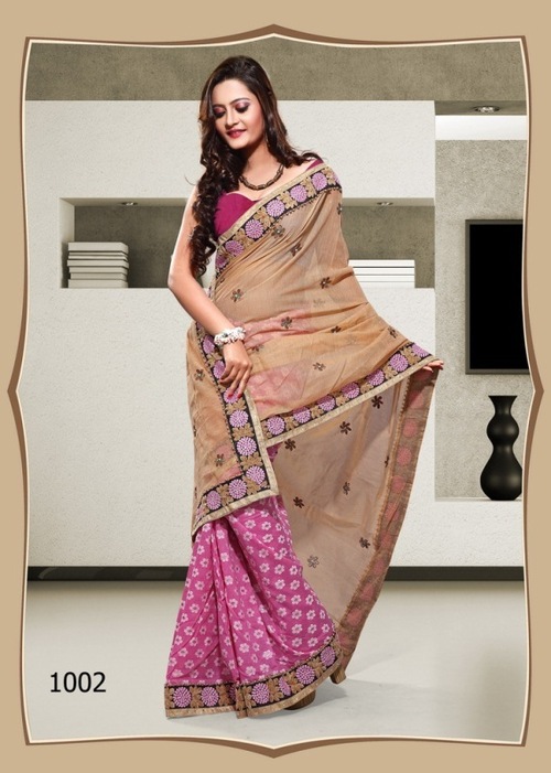 1002 - Cotton + Dhupian Designer Saree, Pink Color with Thread Jaal Work - Embroidered Pattern, Suitable for All Seasons, Laces Closure