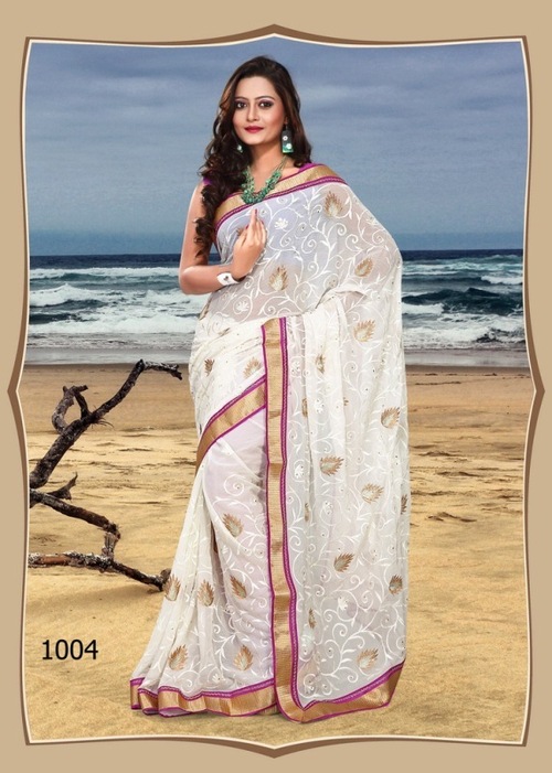 1004 - Cotton Designer Saree, White Color with Thread Jaal Work | Suitable for All Seasons, Fabric Weight: 900gms, Fancy Stylish Look