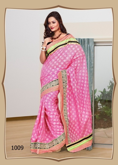 1009 - Cotton + Dhupian Designer Saree, Pink Color, 900gms Weight, Laces Closure, Ideal for All Seasons, Elegant Thread Jaal Work
