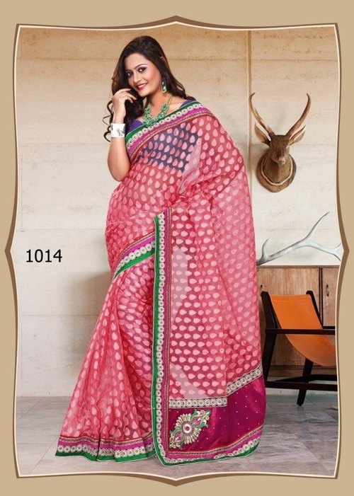 1014 - CNET JAKART + VELVET + DHUPIAN Fabric, Pink Designer Saree with Thread Jaal Work , Suitable for All Seasons, Laces Closure, 900gms