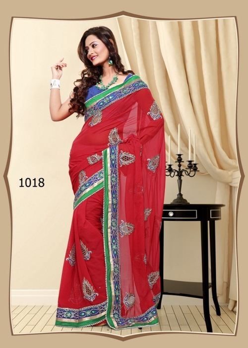1018-Awesome Red Color - Chiffon + Dhupian, 900gms Designer Fancy Stylish Saree with Lace Closure, Ideal for All Seasons