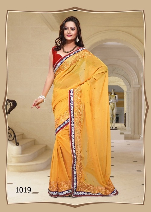 1019 - Georgette + Dhupian Designer Saree, Thread Jaal Work, 900gms, Plain Pattern, Yellow Color, Laces Closure, Suitable for All Seasons