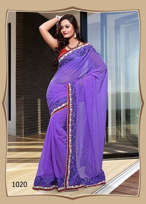 1020 - Georgette + Dhupian Fabric, 900gms Designer Fancy Stylish Saree, Purpal Color, Embroidered Pattern, Laces Closure | Ideal for Rainy, Spring, Summer, and Winter Seasons