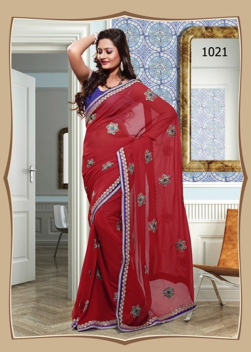 Designer Saree - Georgette & Dhupian, 900 grams, Red Color | Elegant Thread Jaal Work for All Seasons