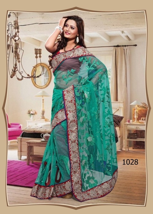1028 - Georgette + Dhupian Fabric, Thread Jaal Work, 900gms | Stylish Green Designer Saree for Rainy, Spring, and Summer Seasons