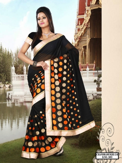 2053-Black Color Bridal - Chiffon Fabric, 900gms Weight, Thread Jaal Work | Stylish Bollywood Design, Printed Pattern for All Seasons