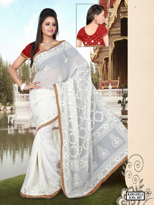 Designer Saree - Chiffon & Dhupian, Embroidered Thread Jaal Work in Elegant White