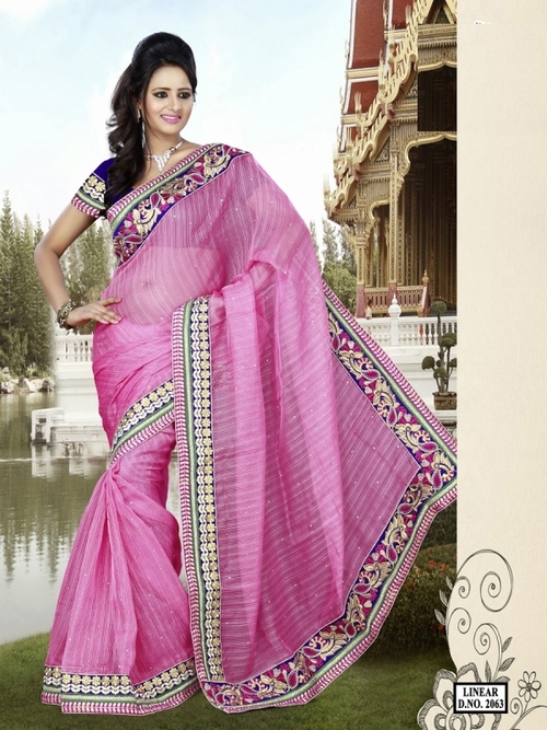 2063 - Cotton Designer Saree, Pink Color with Thread Jaal Work | Embroidered Pattern, Bollywood Style for All Seasons